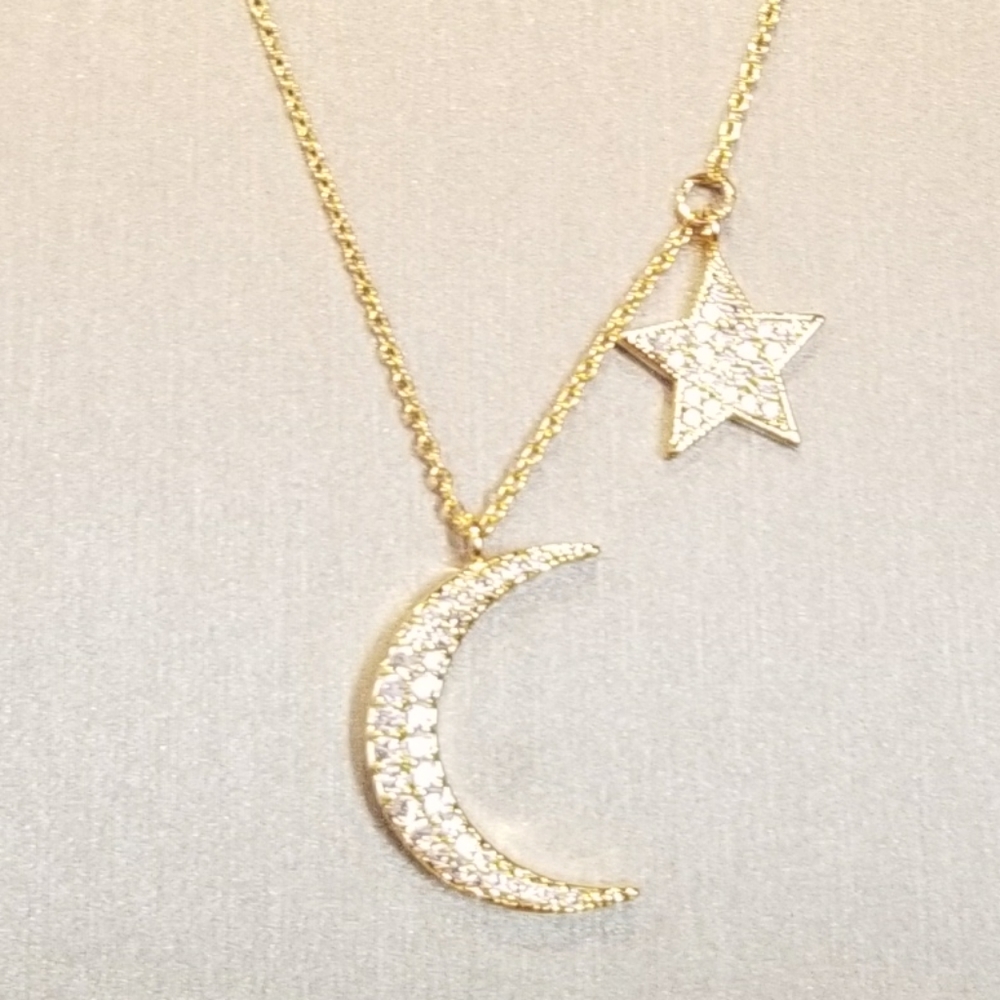 Bling Pave CZ Moon and Star Pendant Necklace NEW - Picture 5 of 7